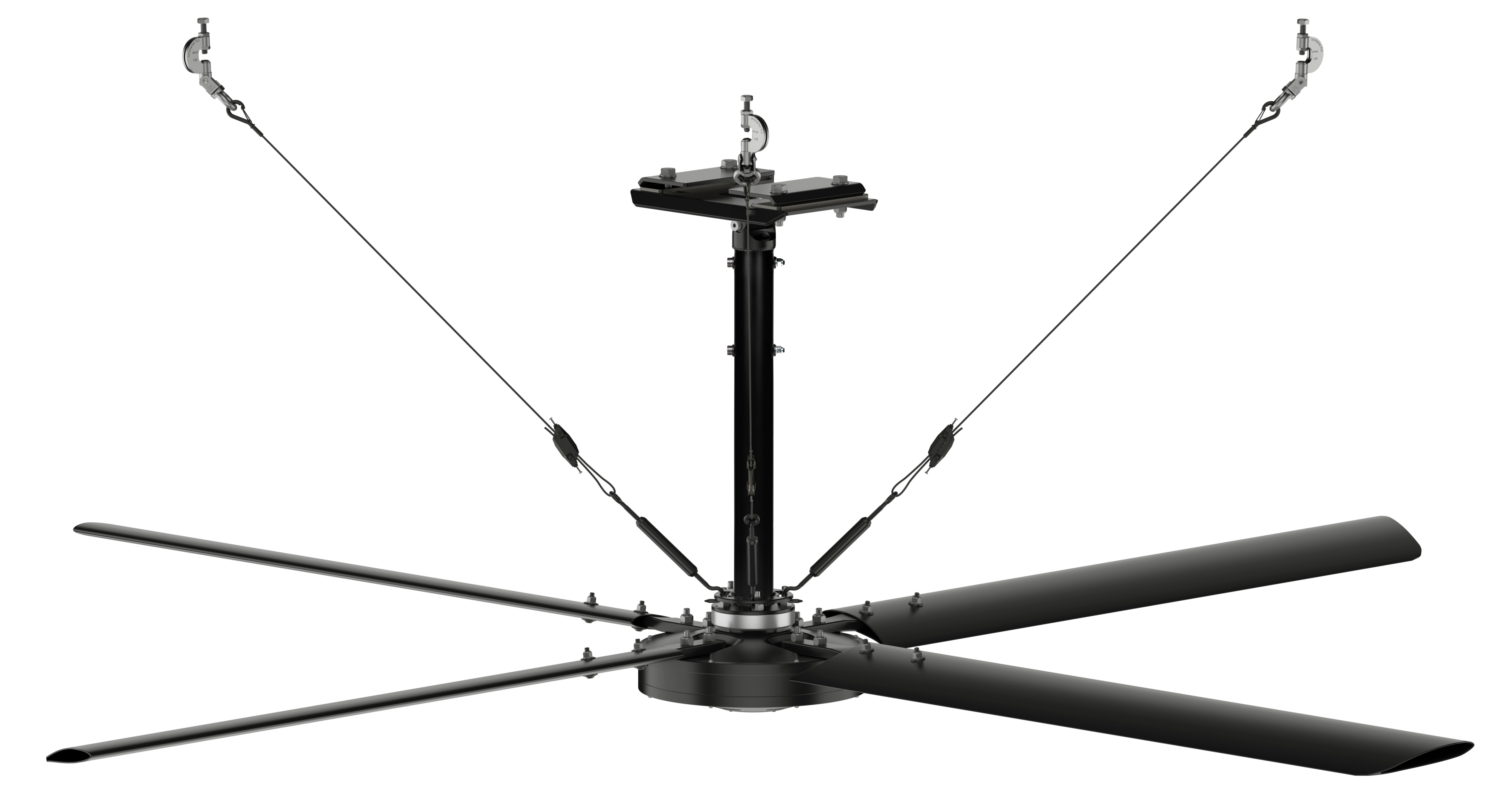 Large HVLS ceiling fan installed in industrial warehouse facility with workers on floor below