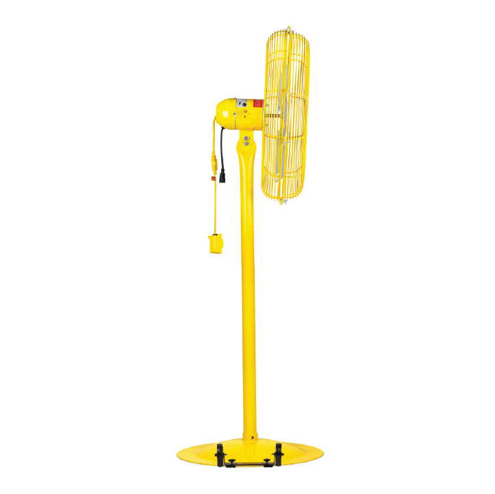 Side view of Yellow Jan Fan Pedestal Fan with wheel kit and drop cord switch on a white background