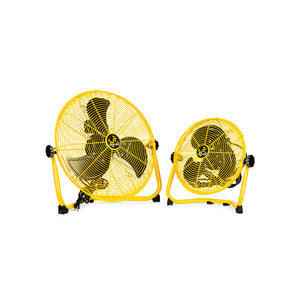 Two yellow Jan Fan Workstation fans with protective cages in different sizes on a yoke mount