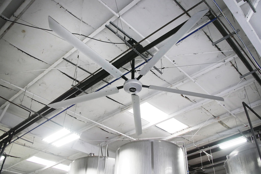 Large Titan HVLS Industrial ceiling fan in a brewery setting