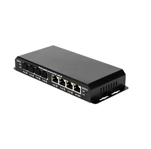 Black Eight-port passive PoE network switch with uplink port.
