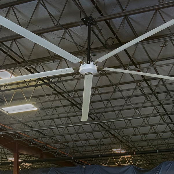 Large Titan HVLS industrial ceiling fan in a warehouse setting
