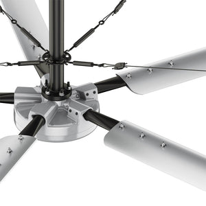 Close-up of the Hunter industrial Titan ceiling fan motor with aluminum blades, guy wires, and adjustable downrod.